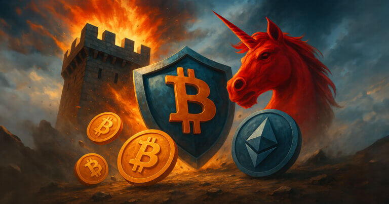 A dramatic scene showing a fiery castle tower, a protective Bitcoin shield, multiple Bitcoin coins, a red unicorn, and an Ethereum shield—illustrating Citadel’s demand that DeFi protocols register as exchanges and Uniswap’s founder pushing back.