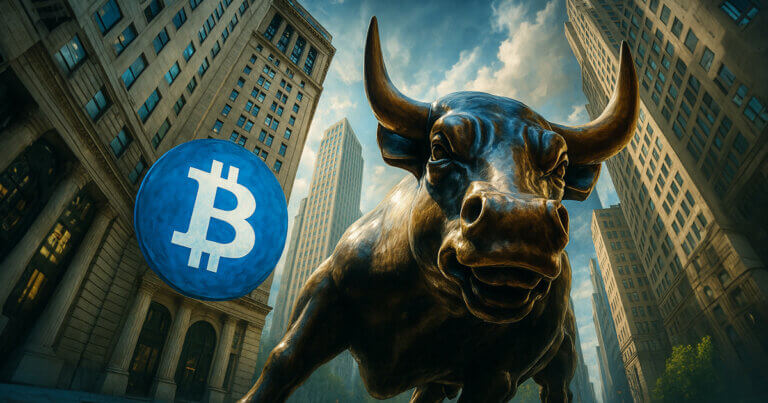 A towering Wall Street bull statue faces a large blue Bitcoin symbol amid skyscrapers, highlighting the debate over on-chain metrics, market liquidity, and whether Bitcoin is entering a potential bear cycle.