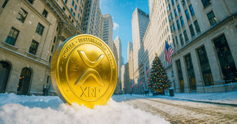 A large golden XRP coin standing in the snow on Wall Street with Christmas decorations and U.S. flags, symbolizing how XRP became the top crypto ETF trade despite its price sliding toward $2