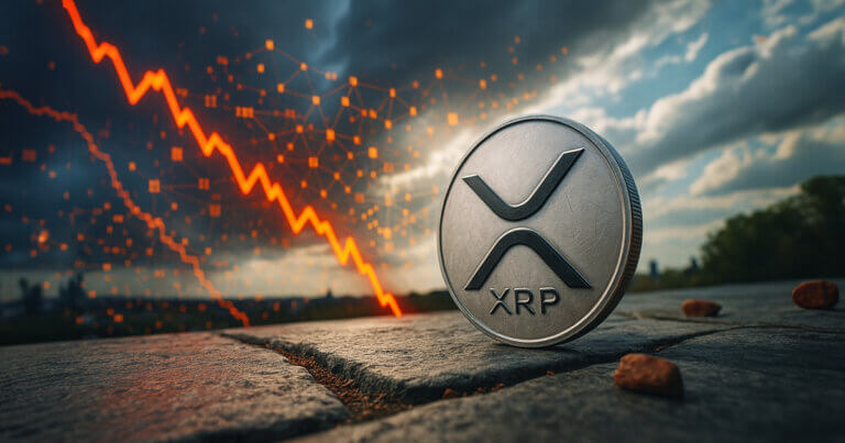 A large silver XRP coin stands on cracked pavement under stormy skies as a bright red downward trend line glows in the background, symbolizing XRP’s on-chain activity spike amid collapsing market sentiment.